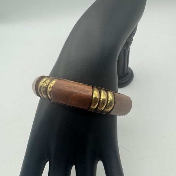 Wood Brass Octagon Bangle Bracelet Unique Retro Boho Style Accessory - Picture 1 of 5